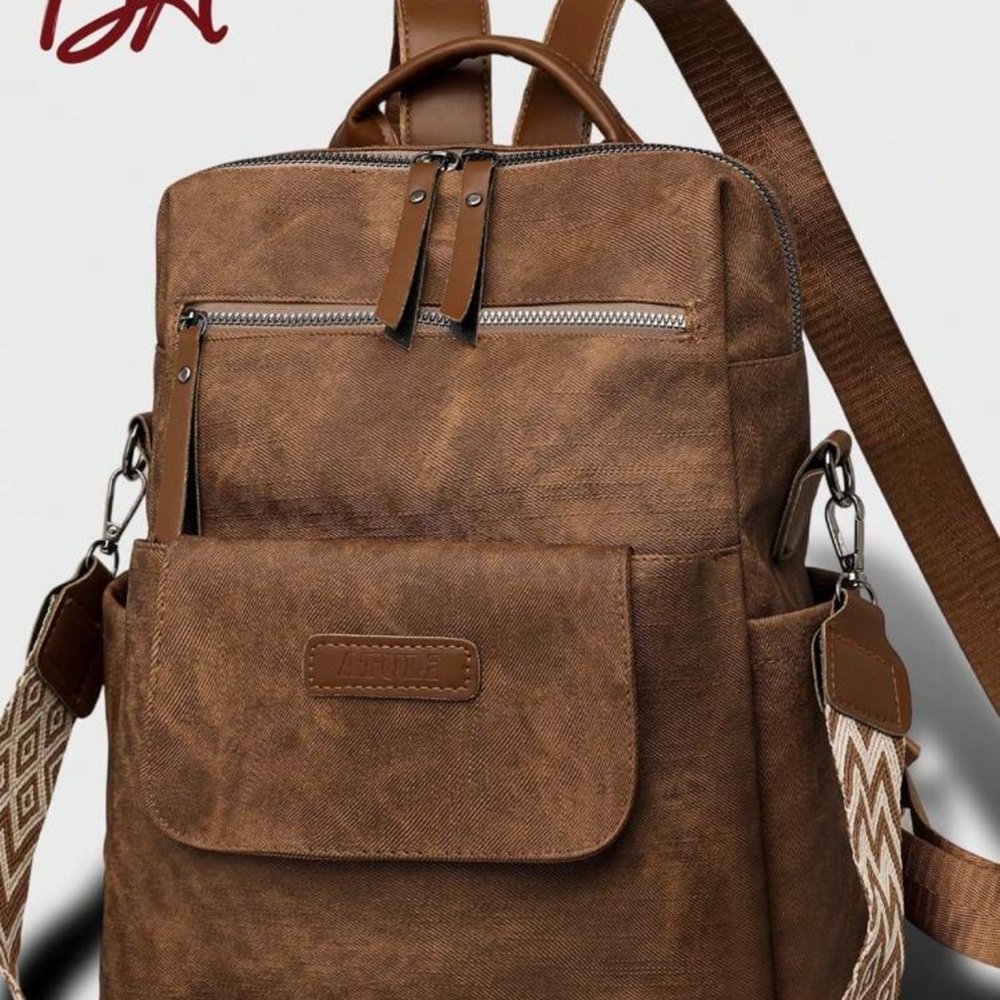 Brown Leather Canvas Backpack - Picture 1 of 10